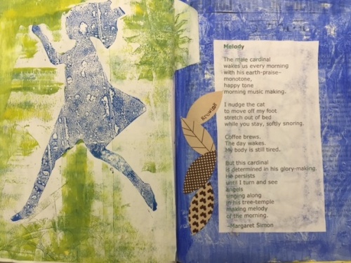 A favorite page using gel printed paper, collage, and a poem. 
